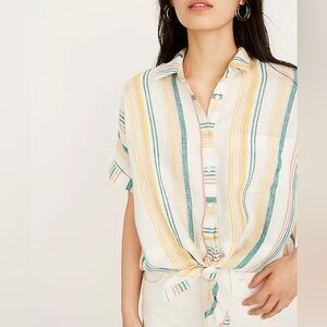 Madewell Linen Short-Sleeve Tie-Front Shirt in Pineapple Stripe